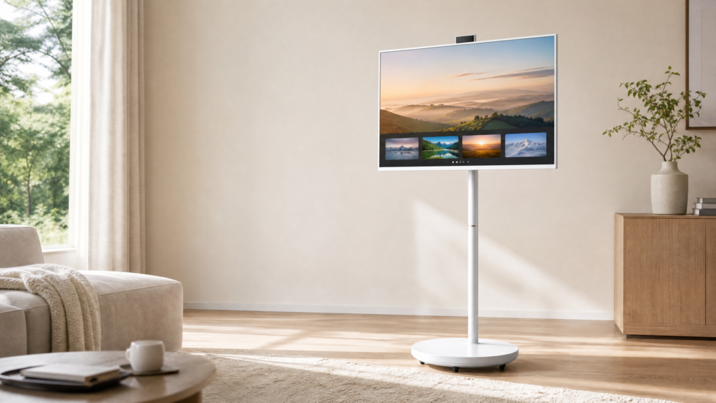 White Meswao portable smart TV on wheels with a round rolling base, single central white column and touchscreen in a modern living room