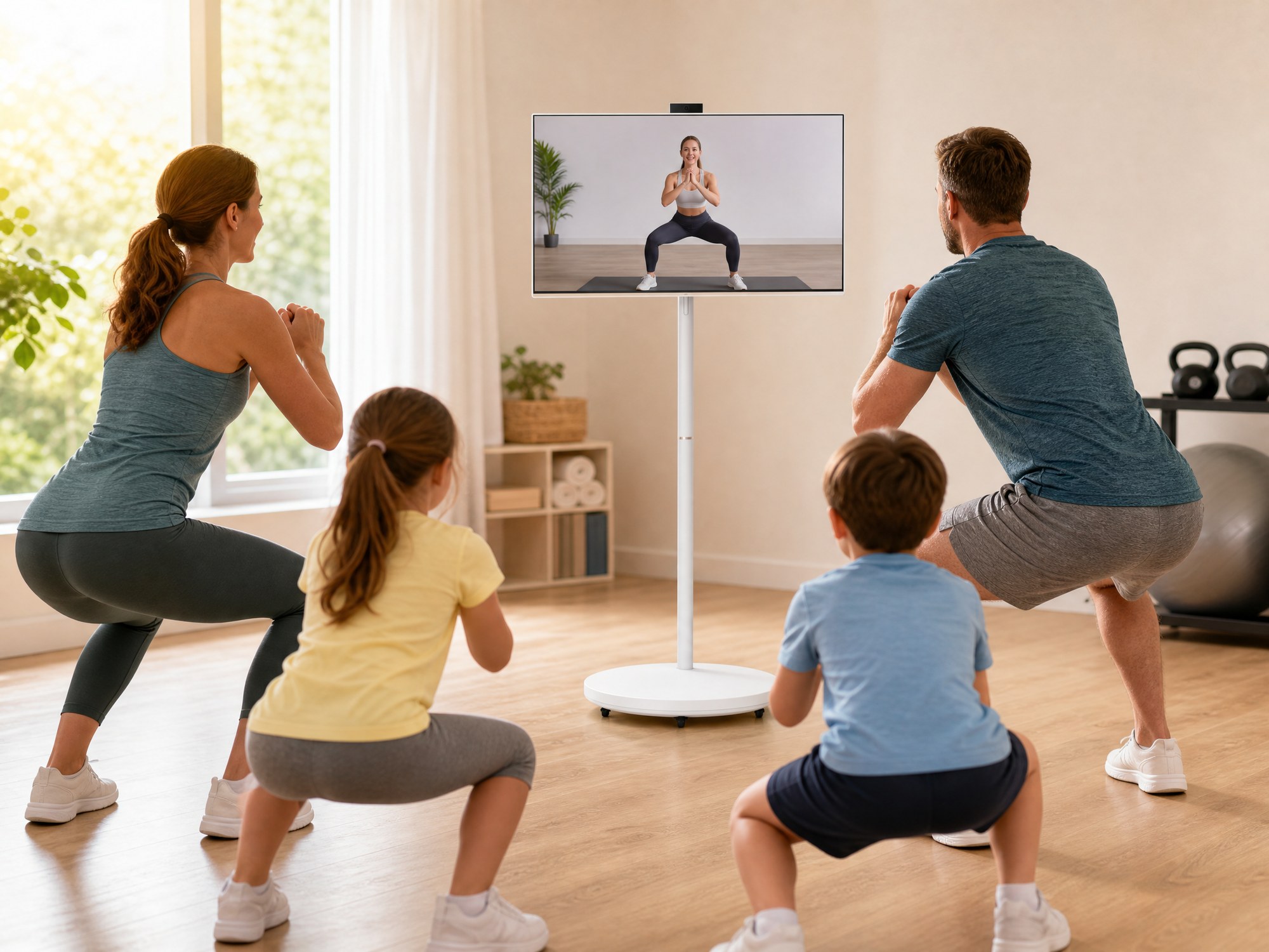 Family using a white Meswao portable smart TV with a round rolling base and single central column for a shared fitness workout