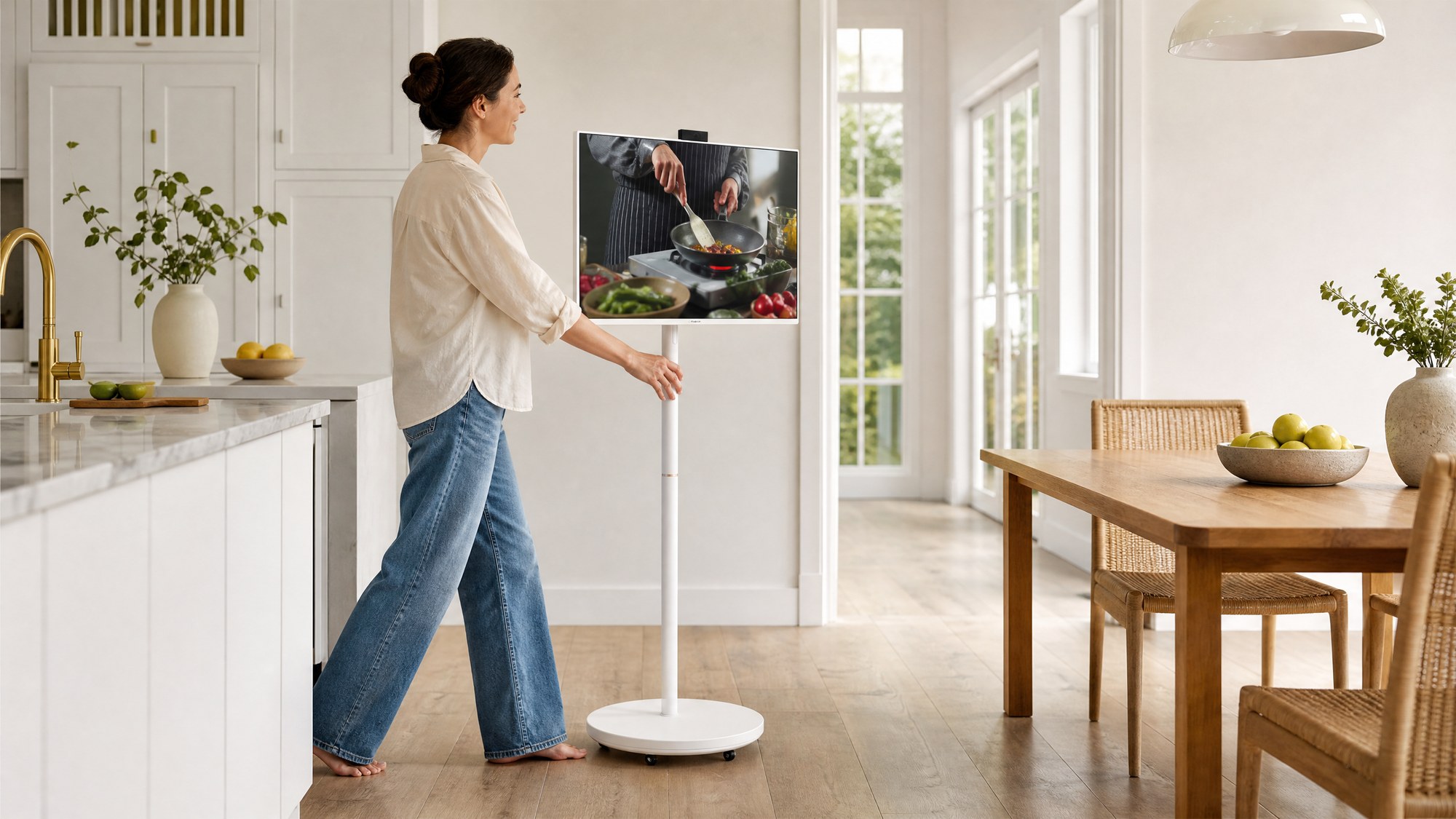 User rolling a white Meswao portable smart TV with a round white base and single central column from the kitchen to the dining area