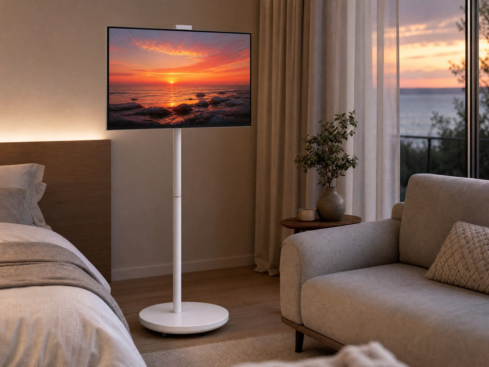 White Meswao portable smart TV with a round rolling base and single central column streaming HD media in a bedroom