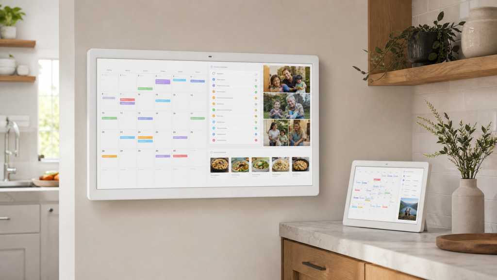Meswao vs Skylight Calendar comparison featuring a white touchscreen family calendar