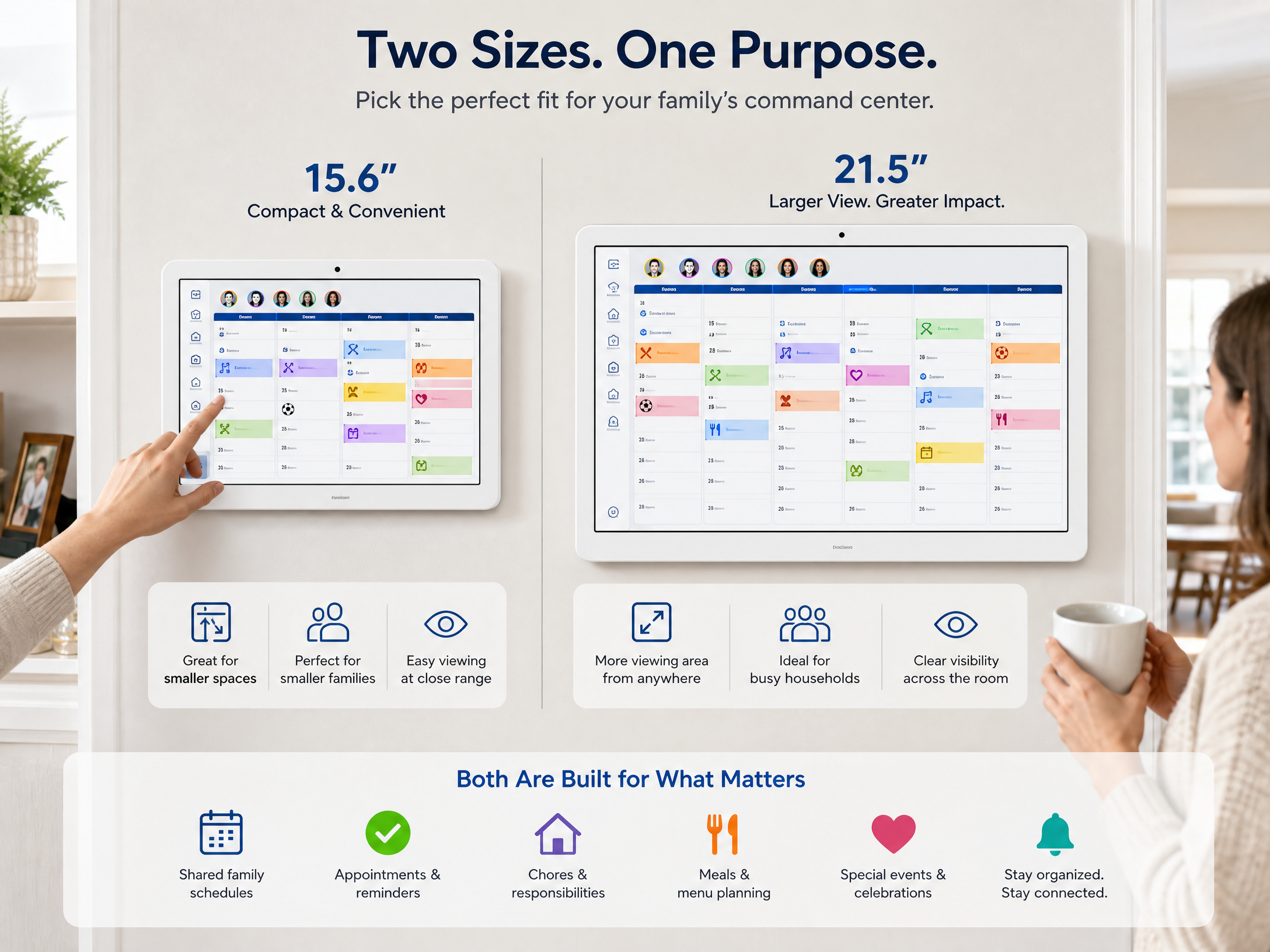 15.6-inch and 21.5-inch touchscreen digital family calendar size comparison