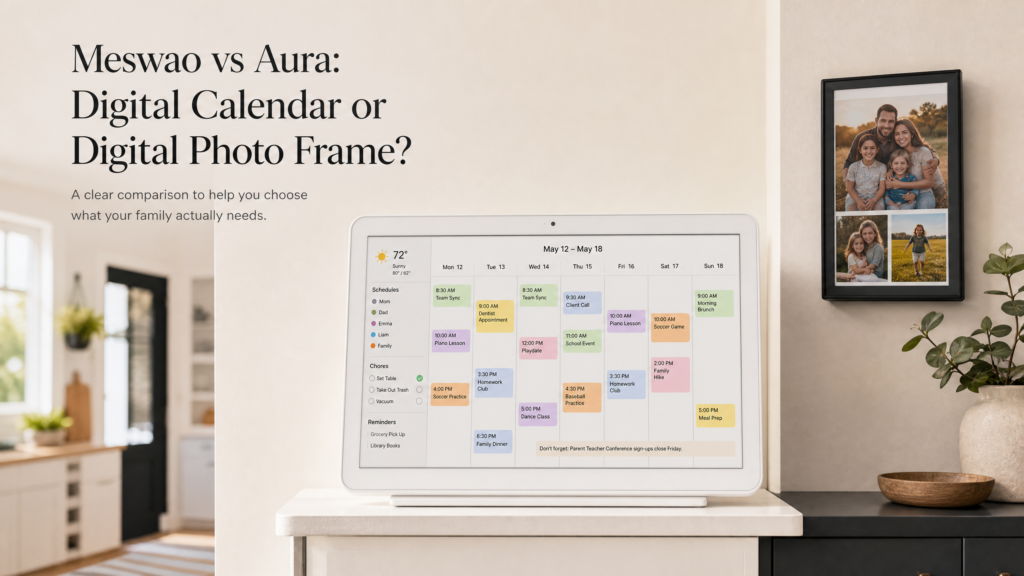 Meswao vs Aura digital calendar comparison with a white touchscreen family planner and a digital photo frame