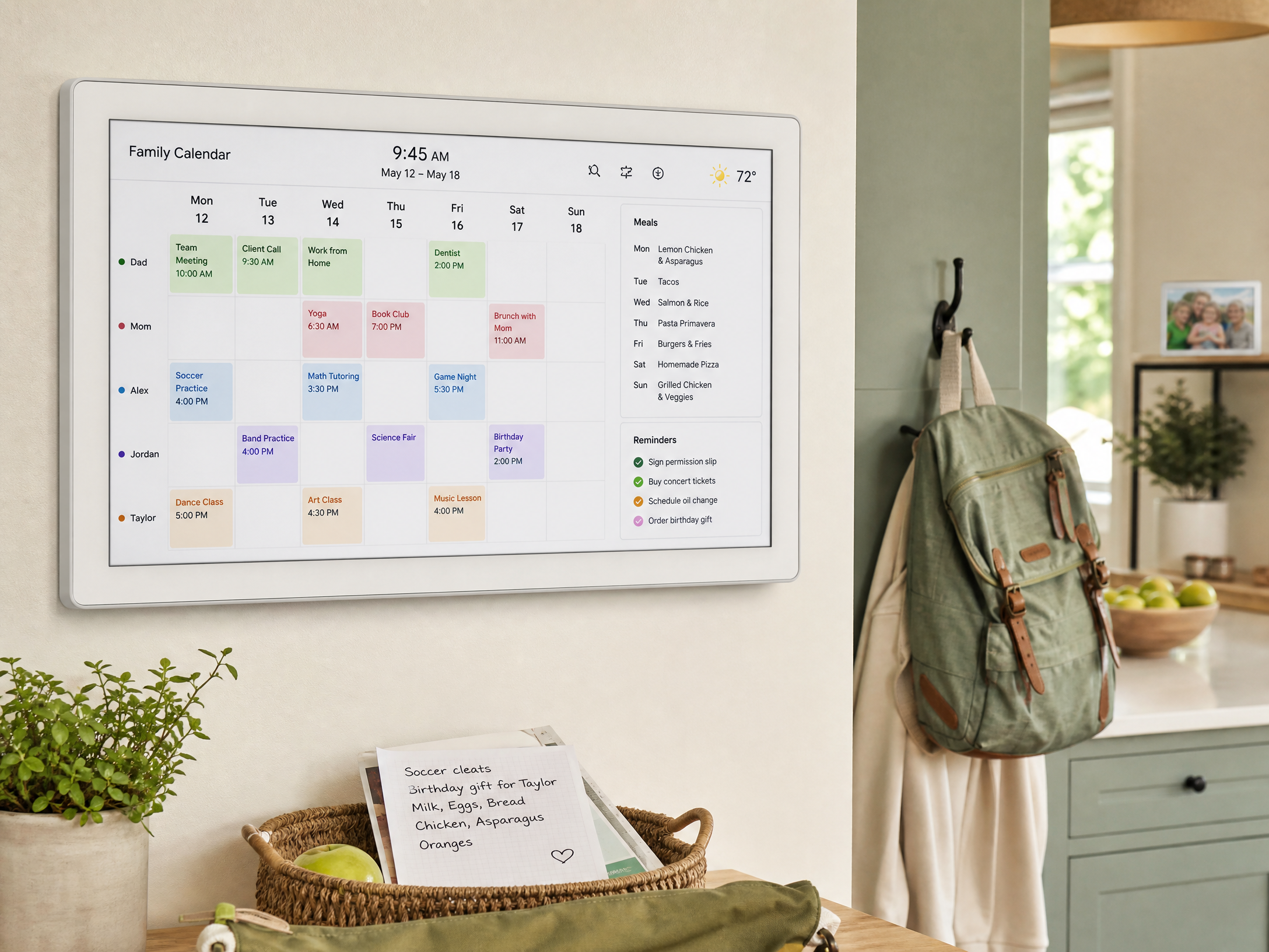 White touchscreen electronic family calendar showing schedules chores reminders and meal planning