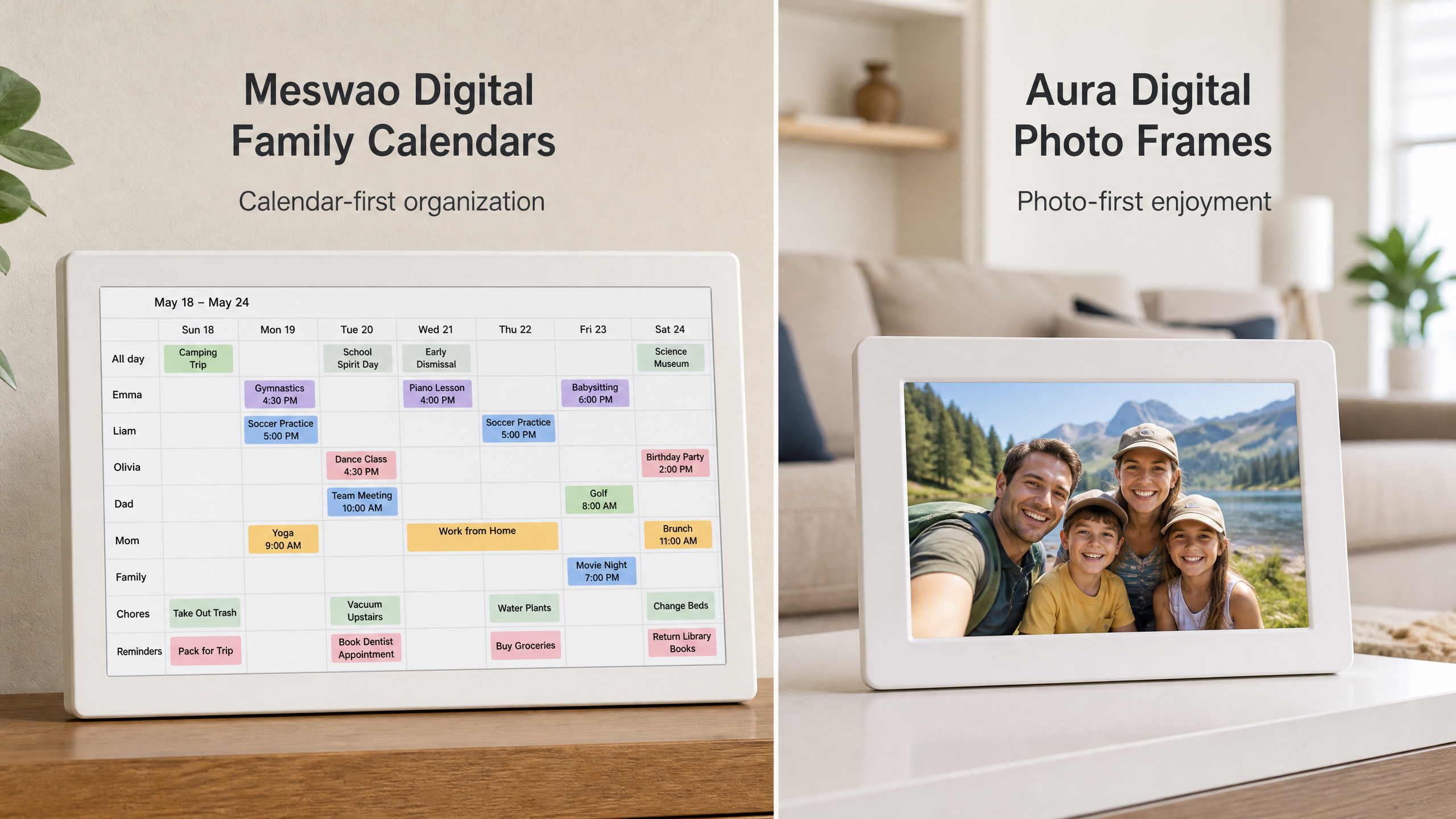 Digital calendar versus digital photo frame comparison showing Meswao and Aura use cases