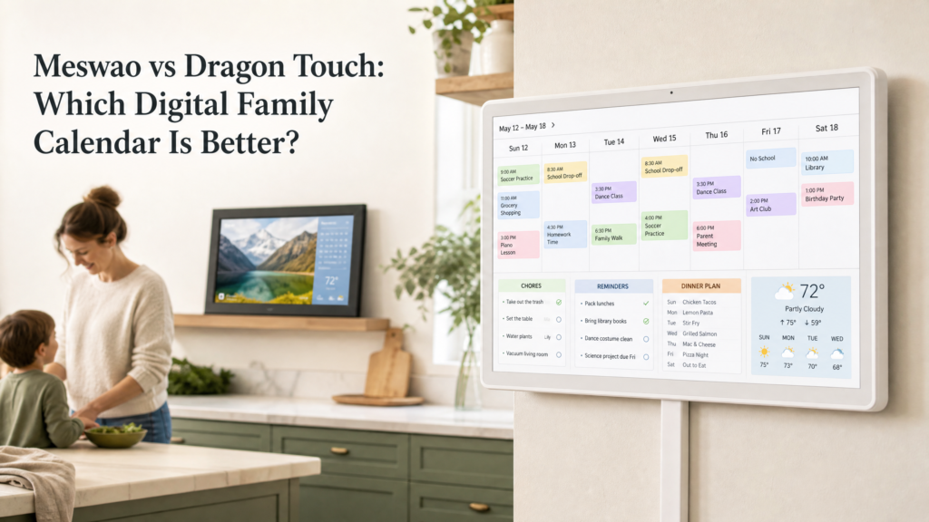 Meswao vs Dragon Touch digital family calendar comparison with a white touchscreen family planner