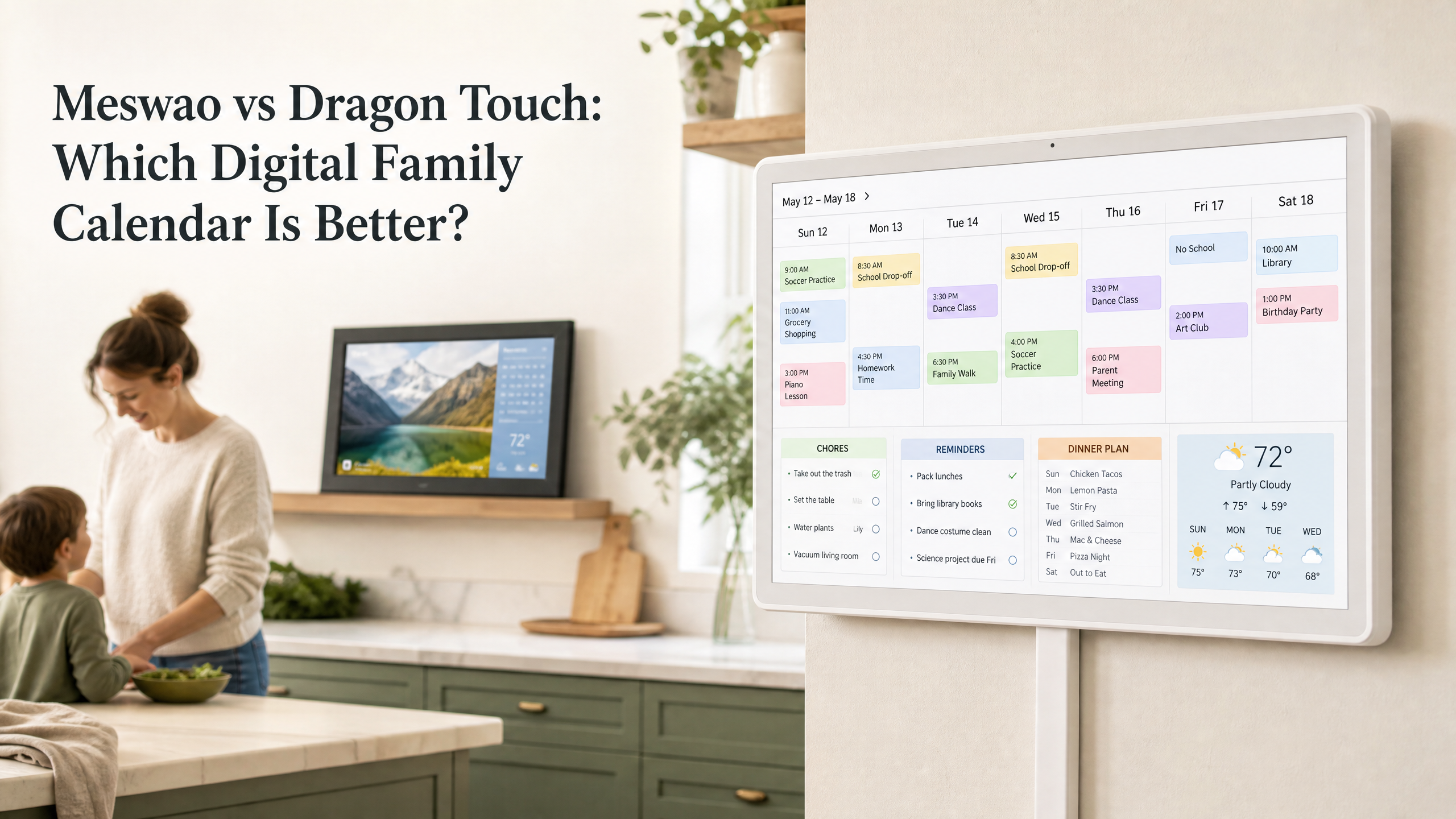 Meswao vs Dragon Touch digital family calendar comparison with a white touchscreen family planner