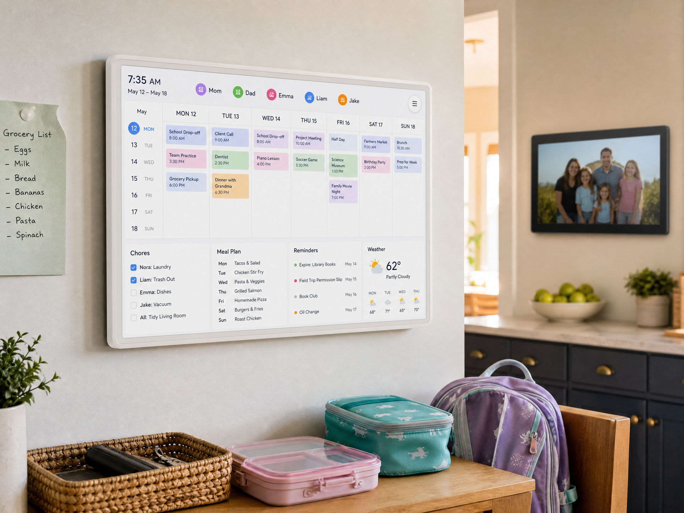 White touchscreen electronic family calendar showing schedules chores dinner planning and weather