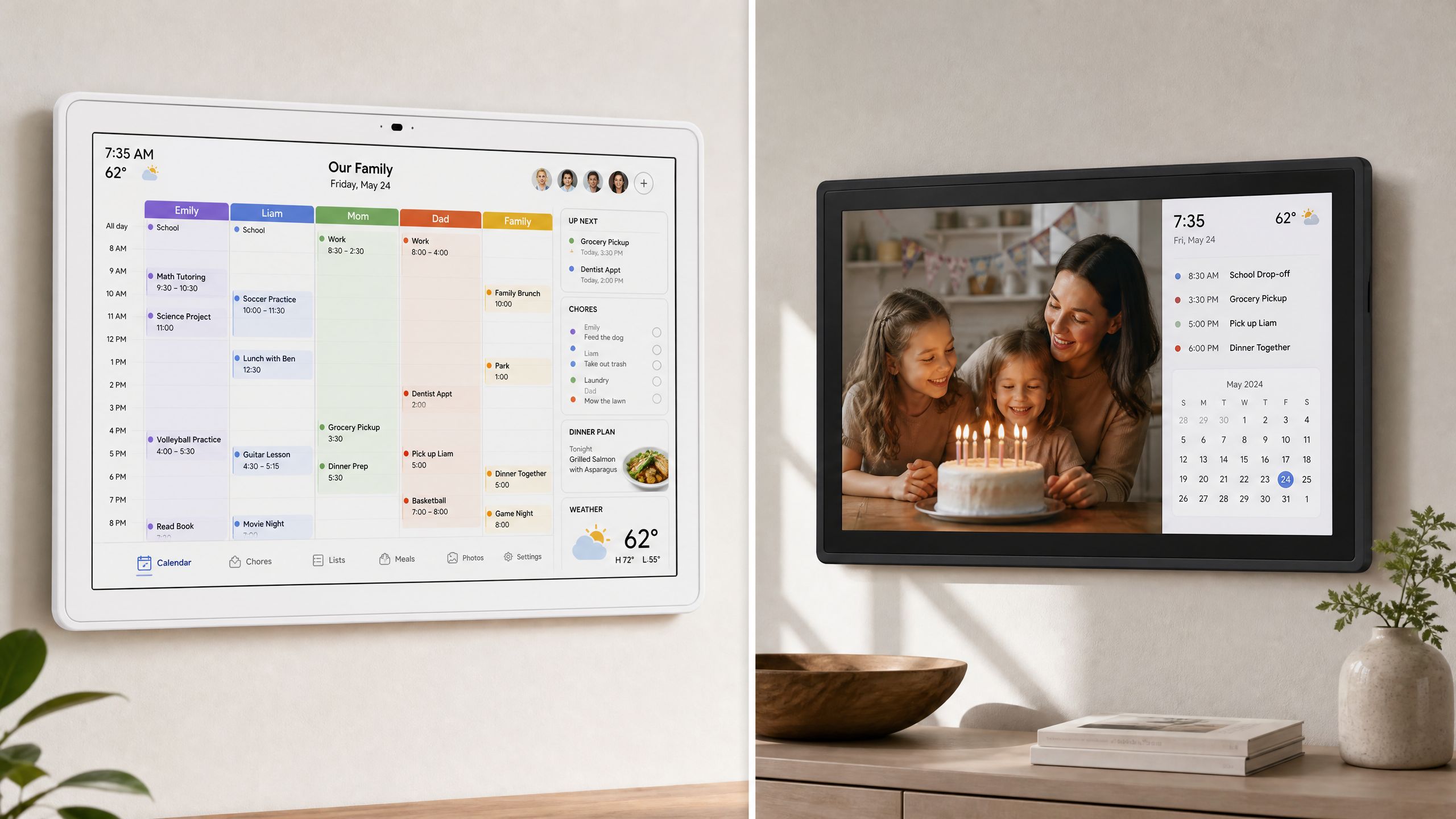 White electronic family calendar compared with a digital calendar and photo display use case