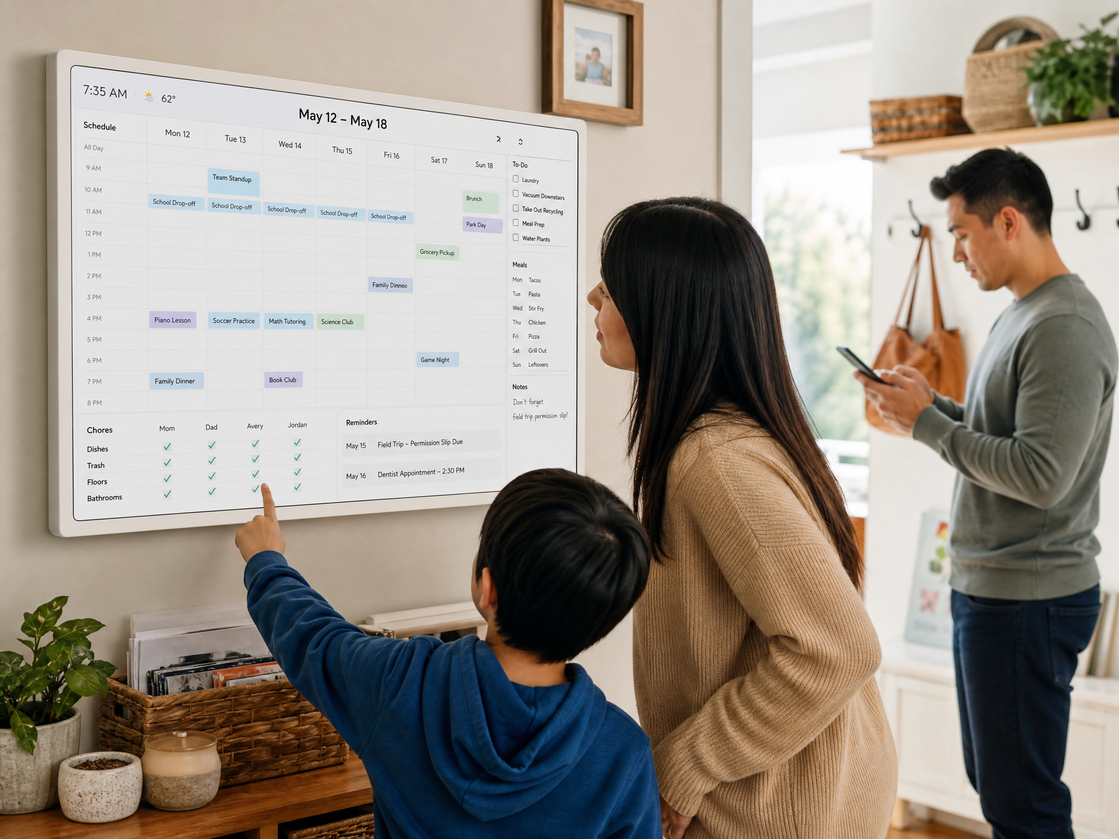 Family using a white horizontal touchscreen electronic calendar for shared schedules and reminders
