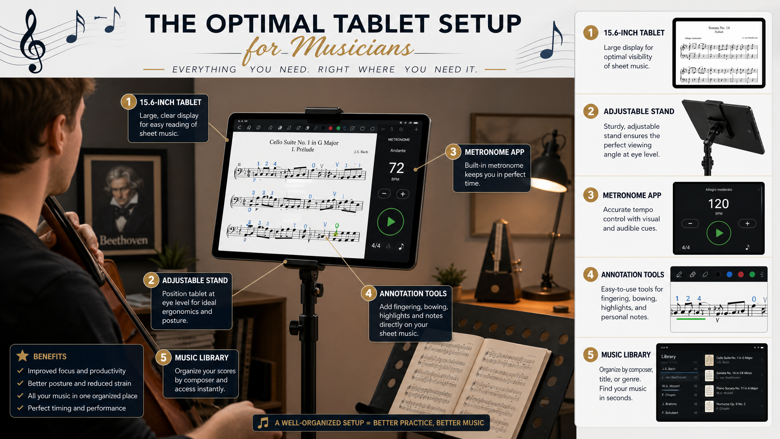 Optimal Tablet Setup for Musicians - 15.6 inch tablet with sheet music stand