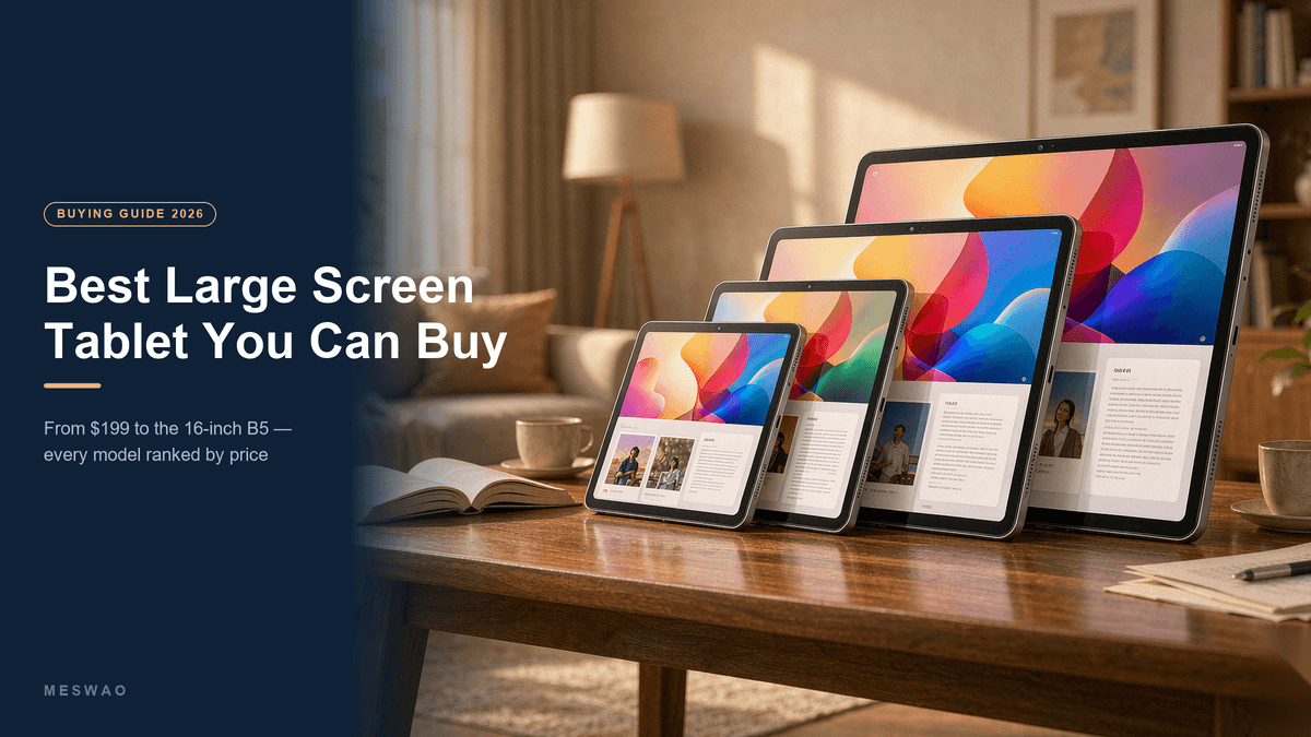 Best large screen tablet you can buy in 2026: Meswao large Android tablets lined up by size from 14 to 16 inches on a wooden desk