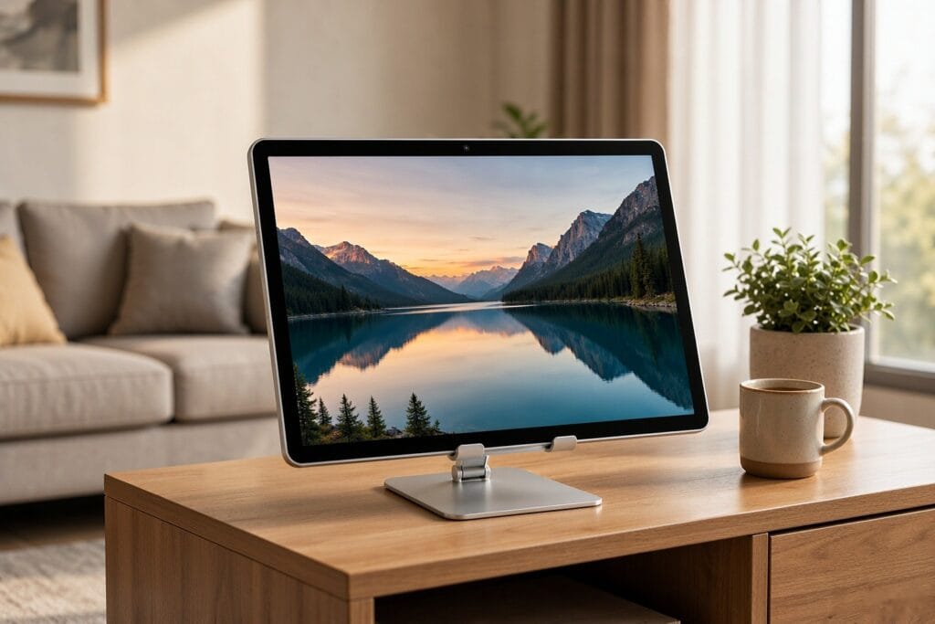 A large 16 inch Android tablet on a stand in a bright living room showing a landscape photo