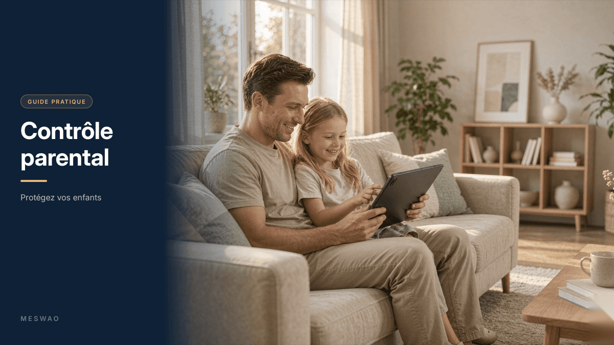 Un parent et son enfant utilisant une tablette avec le contrôle parental activé