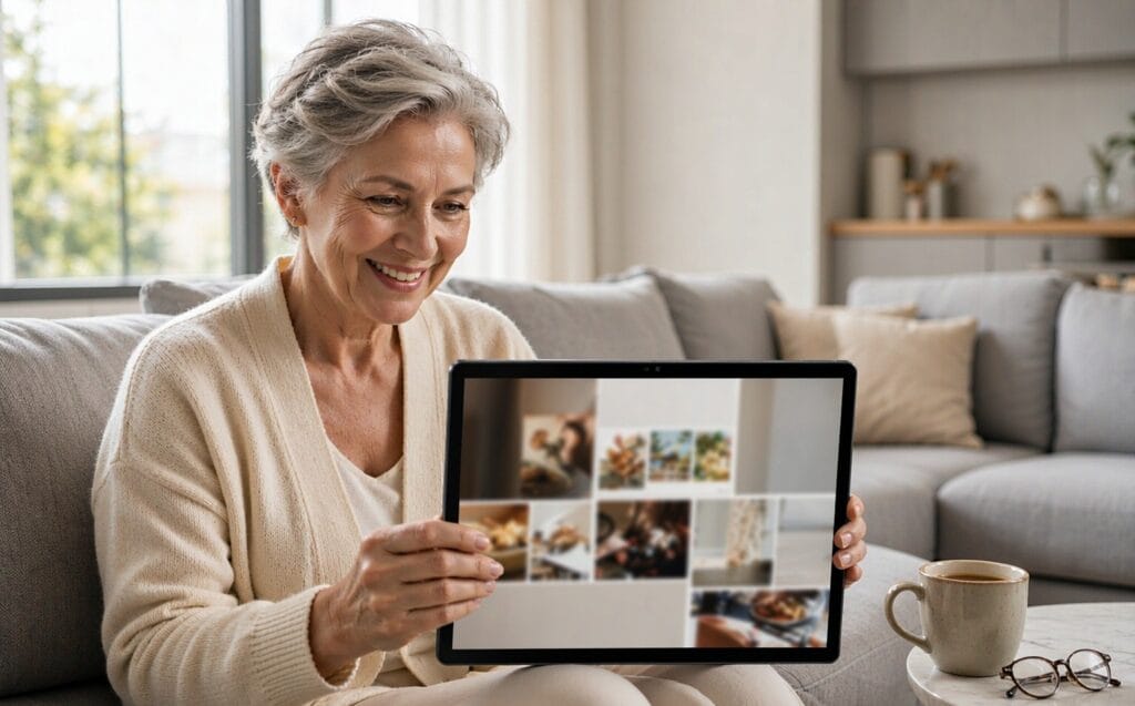A senior woman using a large screen Android tablet comfortably in her living room