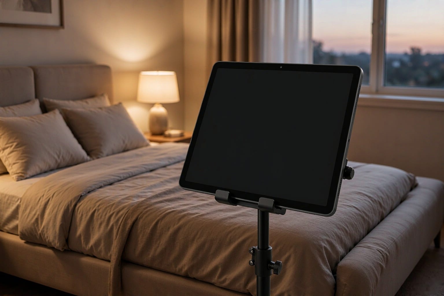 A large screen tablet on an adjustable floor stand beside a bed