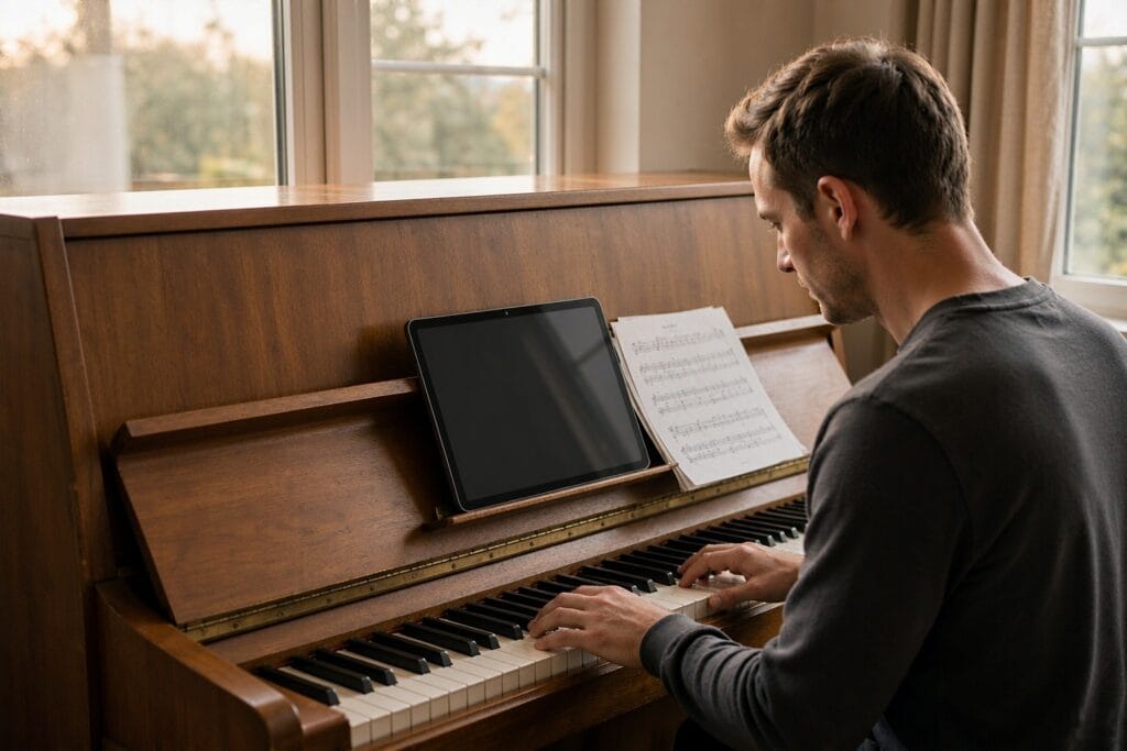 A pianist reading from a large MESWAO tablet mounted on a piano music stand