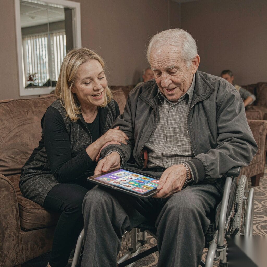 Caregiver sitting beside an older man in a wheelchair, playing a simple tile game on a tablet