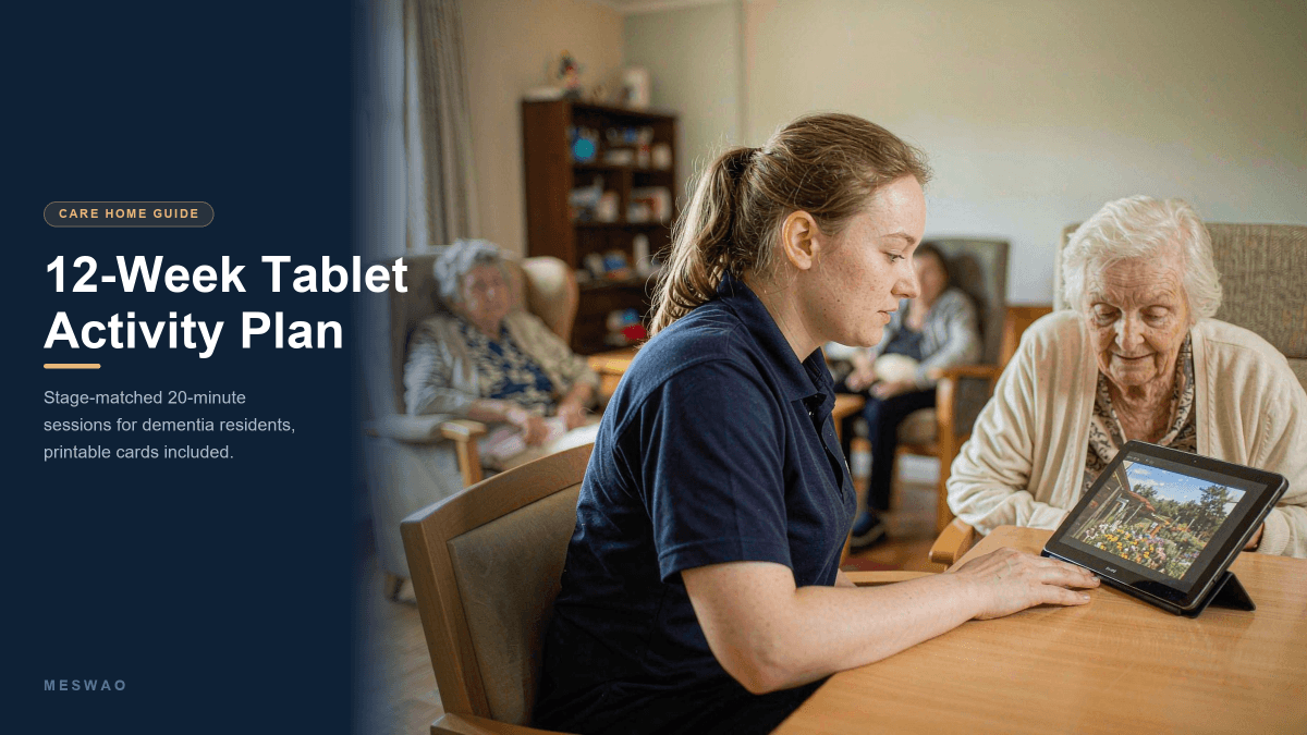 Care worker and elderly resident looking at a large 15.6-inch tablet together during a dementia activity session in a care home lounge
