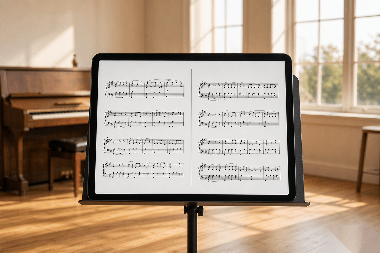 tablet on a music stand displaying sheet music