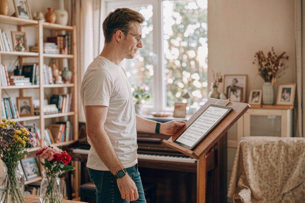 Musician reading digital sheet music on a large Android tablet mounted on a wooden music stand at home