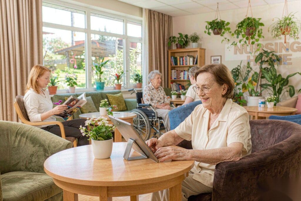 Older woman using a large 15-inch tablet on a table in an assisted living lounge
